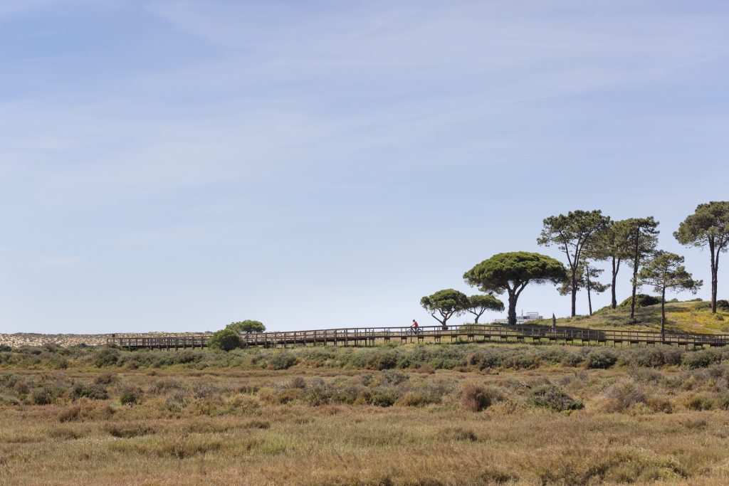 Aerial view of a well-maintained resort or condominium with white buildings, red roofs, a central swimming pool, a large inland lake/lagoon, and the Atlantic Ocean visible in the distance.