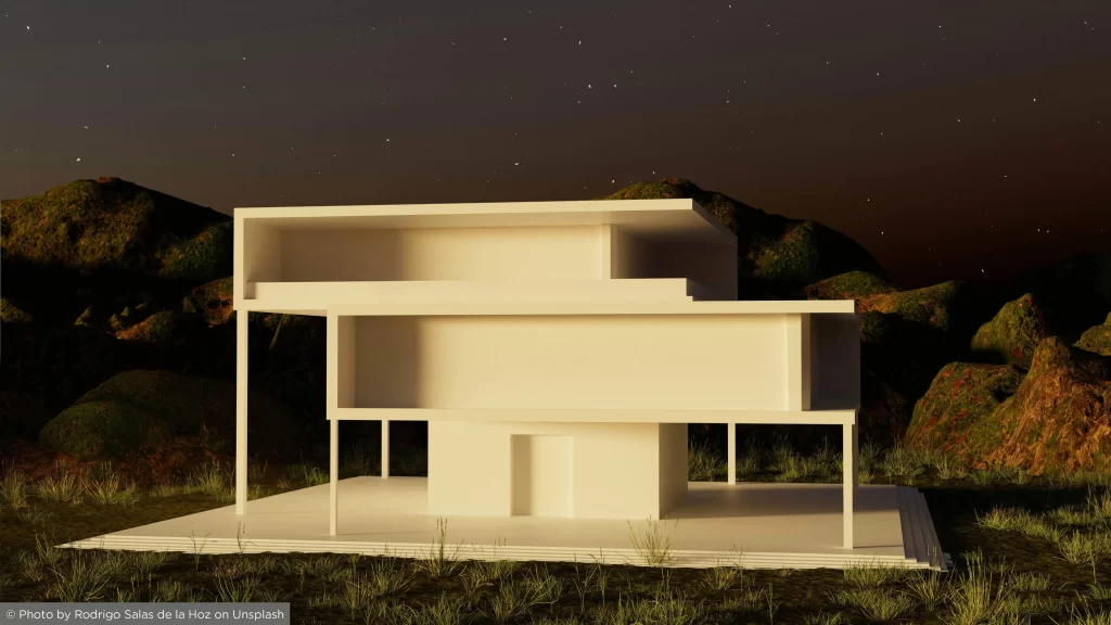 Desenho arquitetónico de uma habitação contemporânea, tendo como fundo um céu estrelado, simbolizando conceção inovadora e visão arquitetónica de vanguarda.