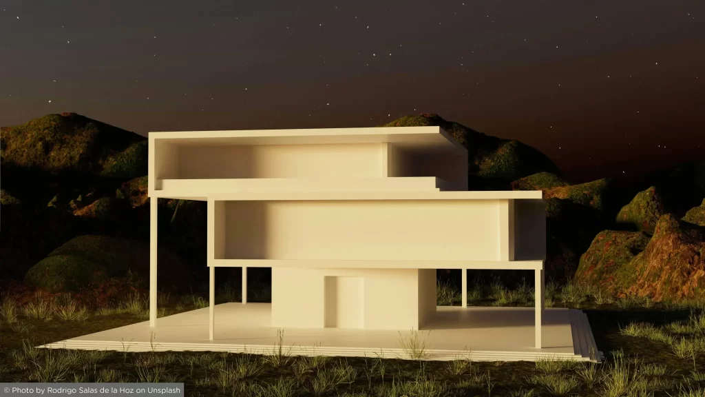 Hand-drawn architectural sketch of a contemporary luxury home set against a night sky filled with stars, symbolizing visionary design and innovation.